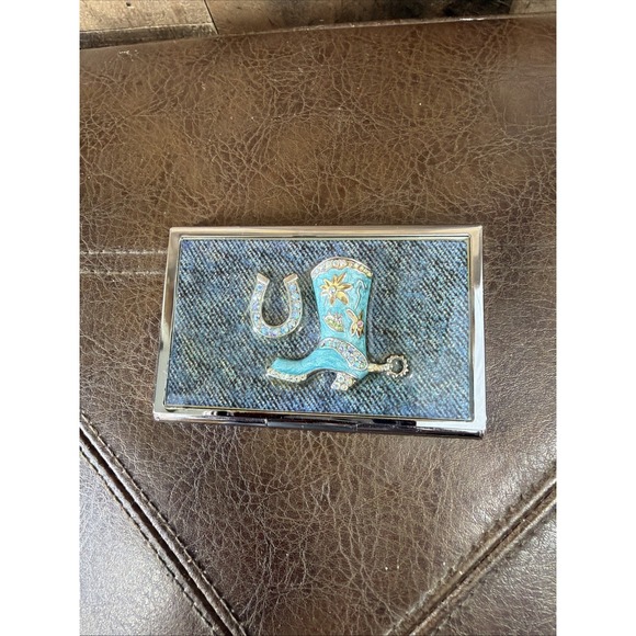 The Unbranded Brand Accessories - Western Cowgirl Compact Mirror Turquoise Boot Horseshoe Rhinestone Denim Purse